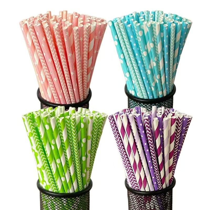 Paper Straw Color - 100 wegwerp biologisch afbreekbare gestreepte papieren